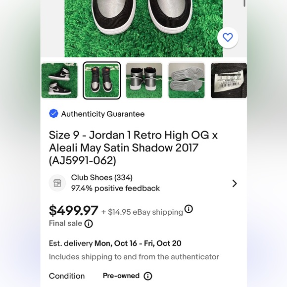 Jordan 1 Retro High Aleali May Shadow (GS) size 7Y preowned!!! RARE SOLDOUT - Picture 7 of 8